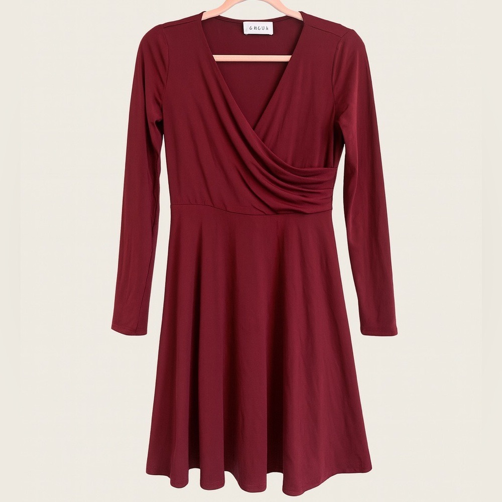 Gilli Burgundy Wrap Dress | Size Large | Stretch Fit | Flattering Silhouette